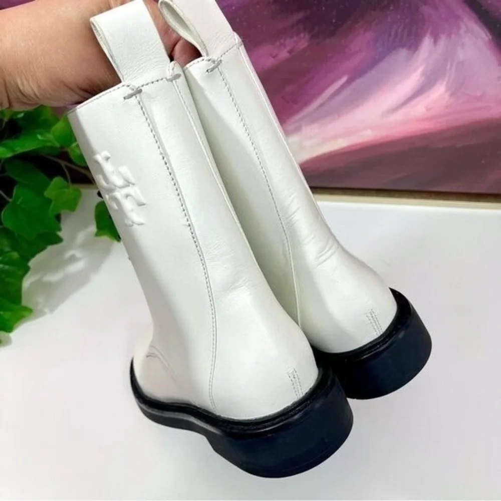 NWOB Tory Burch‎ Double-T Croc Embossed Combat Boot in Blanc Size 7.5